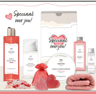 Geschenkset “Speciaal voor jou!” - 8 producten - 880 gram | Triomf Original - Giftset voor haar - Cadeau Valentijn - Luxe wellness cadeaubox Vrouw - Cadeaupakket Liefde - Geschenk Pakket Douche Bad - Gift Set Roze
