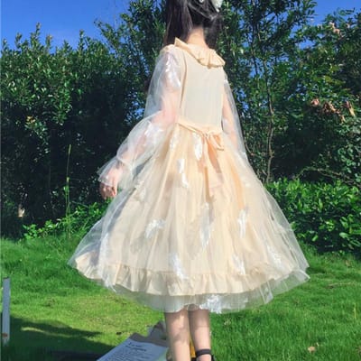 Japanse Zoete Lolita Jurk Vrouwen Mesh Lange Mouw Veer Borduren Boog Ruches Fee Jurk Zomer Meisjes Feestkostuums One Size white
