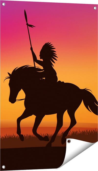 Gards Tuinposter Silhouet van een Indiaan op een Paard - 60x90 cm - Tuindoek - Tuindecoratie - Wanddecoratie buiten - Tuinschilderij