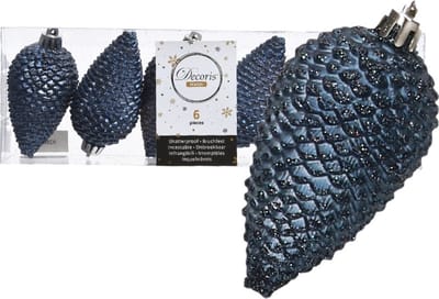 Kerstboom decoratie kerstbal dennenappels blauw 6 stuks