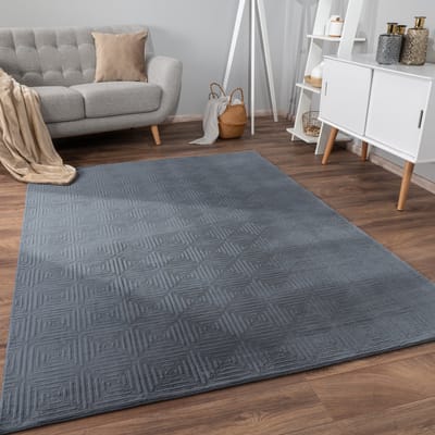 Flycarpets Zacht fluffy vloerkleed - Lely Geblokt Antraciet - 120x160 cm - Laagpolig Tapijt Woonkamer / Slaapkamer / Kinderkamer
