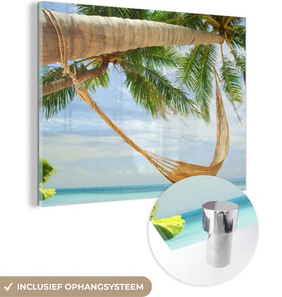 MuchoWow® Glasschilderij 160x120 cm - Schilderij acrylglas - Palmbomen - Hangmat - Zomer - Zee - Foto op glas - Schilderijen