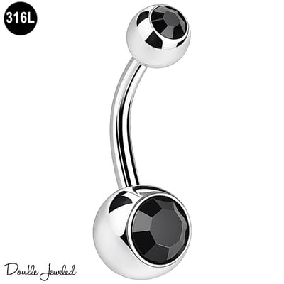 Navelpiercing Zwart – Chirurgisch Staal 316L – Dubbele Steentjes – 10mm Staaf 1.6mm – Buikpiercing Dames – Hypoallergeen