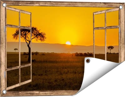 Gards Tuinposter Doorkijk Zonsopgang in de Savanne met een Boom - 60x40 cm - Tuindoek - Tuindecoratie - Wanddecoratie buiten - Tuinschilderij