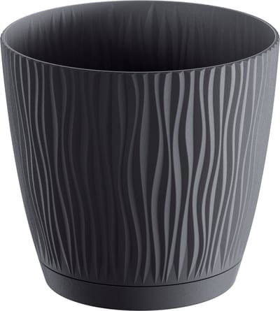 Prosperplast Plantenpot Waves - kunststof - antraciet grijs - D15xH14 cm - binnen/buiten - bloempot met opvangschaal