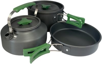 HEM Camping Pannenset 3-delig – Lichtgewicht Aluminium – Inclusief Waterkoker, Koekenpan & Kookpan met Deksel – Opvouwbare Handgrepen – Outdoor Kookset met Opbergzak – Ideaal voor Kamperen & Hiken