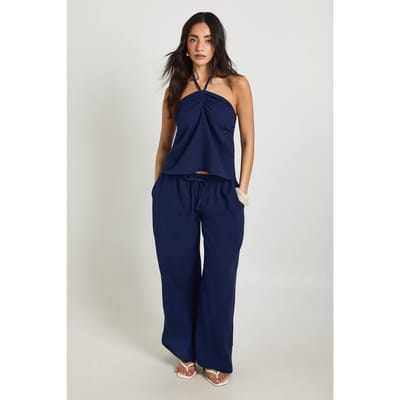 boohoo Dames Kaaslinnen Halternek Bandeau & Wijde Pijpen Broek Co-ord | Marineblauw | Maat: 34
