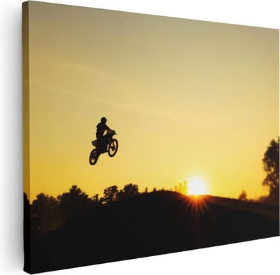 Artaza Canvas Schilderij Motor Sprong - 40x30 cm - Klein - Wanddecoratie Zon - Muurdecoratie Motorcross - Kamer Accessoires Silhouet
