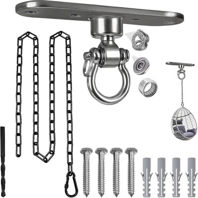 Verstelbare zware plafondhaak met 1 m ketting en karabijnhaak voor hangmatten en decoratie, 270 kg draagvermogen, roestvrij staal, 360 graden draaibaar