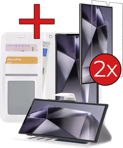Hoesje - Met 2x Screenprotector - Geschikt voor Samsung Galaxy S24 Ultra - Luxe Pasjeshouder - Flip Case - Bookcase Portemonee - Kunstleer Book Case - Flipcase Hoes - Book Cover - Walletcase - Portemonneehoes - Telefoonhoes - Wit