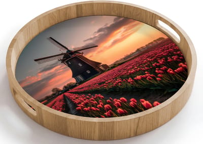 Dienblad rond 40x40 cm - Schootdienblad hout - Molen - Zonsondergang - Tulpen - Rood - Borrelplank rechthoek - Plateau houten dienbladen
