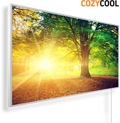 Infraroodpaneel met afbeelding | Herfstzon in bos | 1200 Watt | Witte lijst | Infrarood verwarmingspaneel | Infrarood paneel | Infrarood verwarming