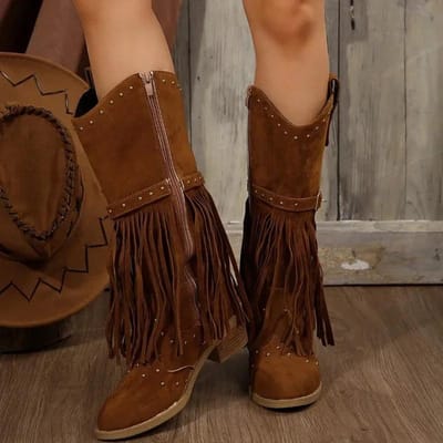 Dames Schoenen Rits aan de zijkant Dames Laarzen Mode Kwast Modern Laarzen Dames Nieuw Klinknagel Gesp Middenkuit Laarzen 40 bruin