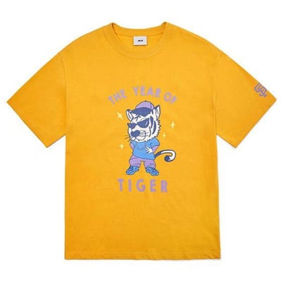 T-shirt unisexe MLB Lettre Cartoon Imprimé Tigre Manches Courtes Sportif Vintage Américain Dopamine Couple Jaune 3ATSC2021-14ORL L yellow