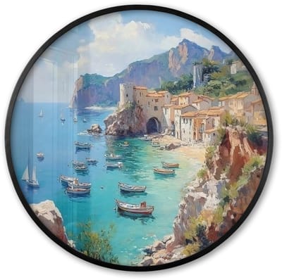 Poster in lijst Rond - Fotolijst 60x60 cm - Posters - Kustdorp - Schilderij - Rotsen - Boten - Ronde posterlijst zwart - Decoratie - Wanddecoratie woonkamer - Muurdecoratie slaapkamer