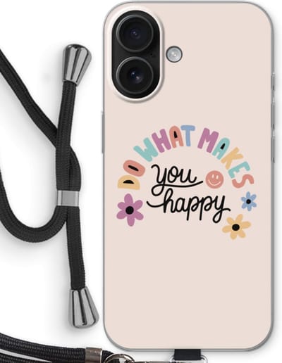 Case Company® - Hoesje met koord geschikt voor iPhone 16 hoesje met Koord - Happy days - Telefoonhoesje met Zwart Koord - Bescherming aan alle Kanten en Over de Schermrand