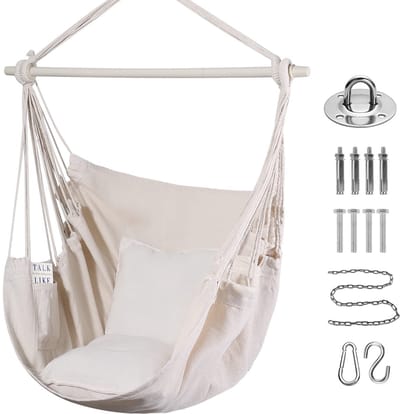 Hangmat Stoel Opknoping Swing 2 Zitkussens Inbegrepen,Slaapkamer Hangmat Stoel Relax Swing Stoel Katoen Weave voor Superior Comfort Duurzaamheid,Maximaal 150kg（Beige）