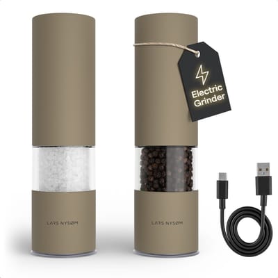 LARS NYSØM Elektrische Zout- en Pepermolen | Automatische Molen Set van Roestvrij Staal met Instelbare Keramische Maalwerk | USB-Oplaadbare Kruidenmolens met LED-verlichting (Taupe Brown)