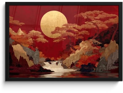 Poster in lijst - Fotolijst 60x40 cm - Posters - Volle maan - Landschap - Waterval - Posterlijst zwart - Decoratie - Wanddecoratie woonkamer - Muurdecoratie slaapkamer