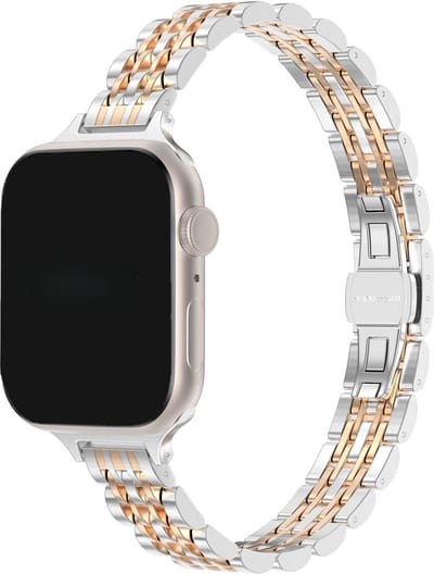 Stravo Slim RVS Schakelband – 7-Link Design – Luxe Dunne Horlogeband & Bandje – Geschikt voor Apple Watch 42mm (Series 11/10), 41mm (Series 9/8/7), 40mm (Series 6/5/4, SE 1/2/3), 38mm (Series 3/2/1) – Zilver/Rose gold