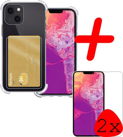 Hoesje Geschikt voor Apple iPhone 14 - Met 2x Screenprotector - Pashouder - Kaarthouder - Telefoon Hoes Shockproof - Siliconen Case - Back Cover - Shock Proof - Pasjes Houder - Transparant