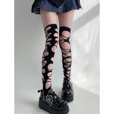 Vintage Punk Sexy Dunne Zwarte Onregelmatige Gescheurde Gaten Visnet Dijhoge Sokken Lolita Jk Uitgesneden Lange Sokken One Size gray