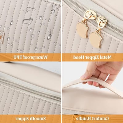 Waterdichte Reistas voor Cosmetica - Grote Makeup Tas van PU Leer met Rits voor Vrouwen en Meisjes in Beige, Perfect voor Reizen en Organisatie