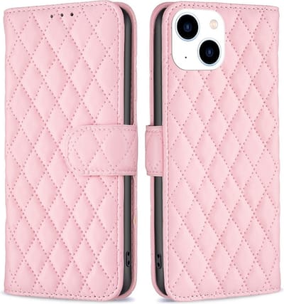 BINFEN Hoesje - Geschikt voor iPhone 14 Hoesje - BINFEN Rhombus Book Case - Roze