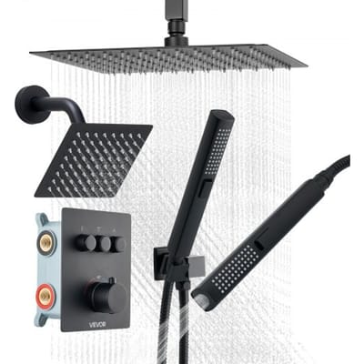 VEVOR Douchesysteemset met 12 inch regendouchesysteem / 6 inch wandmontagekop / 2-in-1 handdouche, draaibare dubbele regenkop (3 functies), messing klepafwerkingsset, matzwarte thermostaat
