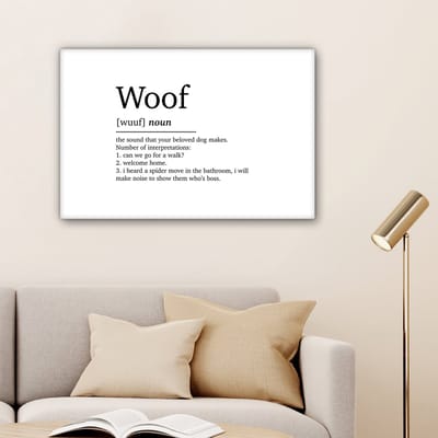 Canvas Schilderij Woof - Quotes - Spreuken - Woef definitie - Woordenboek - 60x40 cm - Wanddecoratie