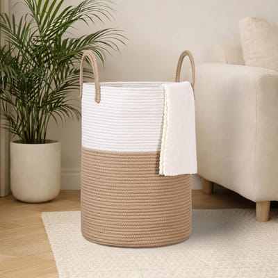 Ronde wasmand van 53 liter, gevlochten opbergmand met handvat voor kinderkamer, woonkamer en wasruimte, ideaal voor kleding en speelgoed (bruin en wit)