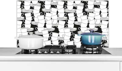 Spatscherm keuken 100x50 cm - Kookplaat achterwand Patronen - Zwart wit - Kopjes - Thee - Muurbeschermer - Spatwand fornuis - Hoogwaardig aluminium