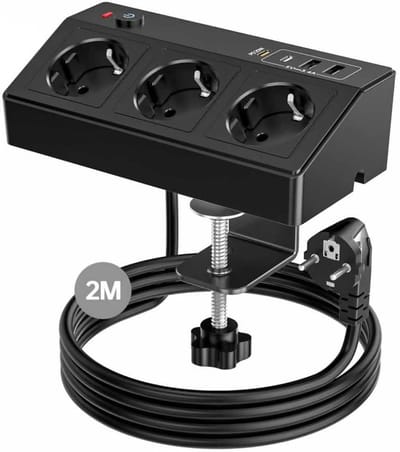 StayPowered Tafelstopcontact - Ultime Oplossing voor Uw Bureau - 7-in-1 Stekkerdoos - 2x USB-C (PD 20W) - 2x USB-A - 3x AC Stopcontacten - 180 Graden Draaibare Tafelklem - 2m Kabel - Overspanningsbeveiliging - Zwart - Levering Sneller dan Aangegeven!