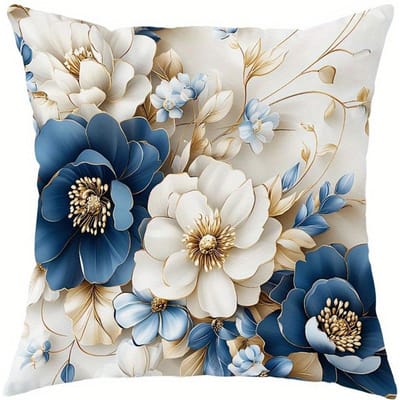 Bleu Blanc Or Floral Motif Luxe Léger Décoration Intérieure Housse de Coussin Salon Canapé Polyester Housse de Coussin avec Fermeture Éclair 50x50cm