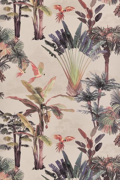 Lutece - behang - Jardin D'Eden - tropisch dieren- en bladprint - beige groen paars roze
