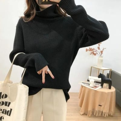 Pulls à col roulé pour femmes, pulls tricotés amples à manches longues, solides, simples, décontractés, chemises de bureau pour dames XXL noir