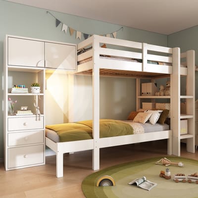 DESMIU Stapelbed 90x200 cm – Versprongen Ontwerp Met Nachtlamp – Met Kast, Rek En Lades – Voor Kinderkamer – Hout En Metaal – Wit – Zonder Matras