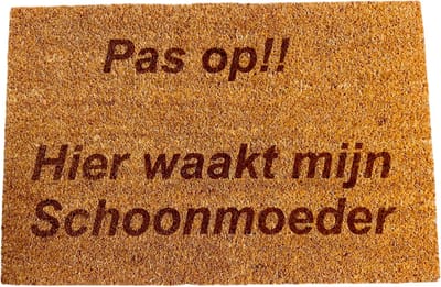 Deurmat met tekst - Deurmat kokos - Deurmat binnen - Pas op!! Hier waakt mijn schoonmoeder - 40x60 cm - Kleur bruin - Humor