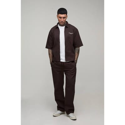 Lange Oversized Shirt Met Ritssluiting En Geborduurd Twill Met Bijpassende Relaxed Broek Set | Chocolate | Size Small