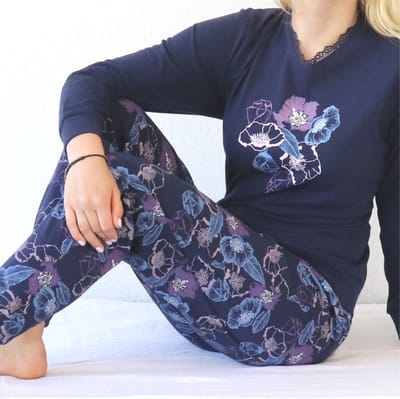 Medaillon Dames Pyjama - Bloemenprint - Blauw - Maat S