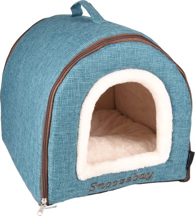 Kattenbed – katten slaapmand – kattenhuis – kattenhol – Cat cave – Blauw/Crème/Bruin, 45 x 35 x 35 cm – Flamingo Slaapplaats Snoozebay