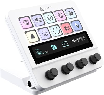 AJAZZ AKP05 Gaming Stream Deck - Macro Controller Zwart – 10 LCD Toetsen – 4 Draaiknoppen – Verstelbare Standaard 0-60° – 6 Profielen – USB-C Programmeerbaar Toetsenbord – Fullscreen Functie – Bestanden Openen - Wit