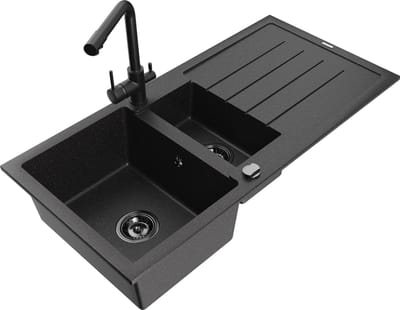 Mexen Andres granieten gootsteen 1,5-kamer met afdruiprek en keukenkraan Duero, zwart/zilver - 6515-73-671600-70-B