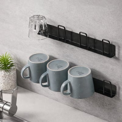 Ultiluxe® Bekerhouders voor 8 bekers - Kopjeshaken met zelfklevende haken - Zonder boren - 2-delige set voor ophangen van 4 kopjes, totaal 8 - Met wandmontage - Hoogwaardig metaal - Duurzaam - Zwart
