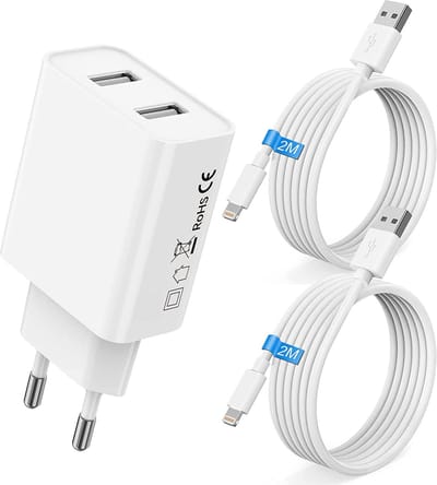 Lader geschikt voor iPhone / iPad / AirPods - Lightning naar usb Kabel - 2 Meter - Usb Stekker 2 Poorten Set - Usb Adapter