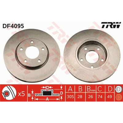 Remschijf TRW DF4095 voorkant, geventileerd, sterk gecarboniseerd, 1 Stuk
