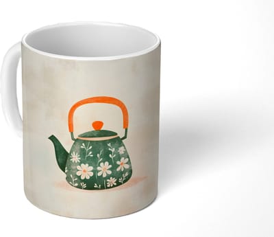 Mok - Koffiemok - Theepot - Groen - Bloemen - Oranje - Mokken - 350 ML - Beker - Koffiemokken - Theemok