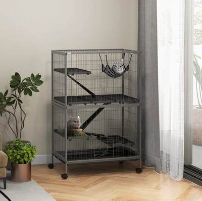 HAUSS SPOLE Kooi – Multifunctioneel – 80 x 52 x 128 cm – Staal – Grijs – Voor Knaagdieren Binnen – Met Wielen En 4 Platforms