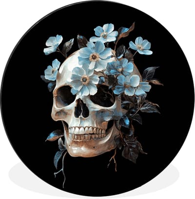 WallCircle - Wandcirkel - Muurcirkel - Schedel - Blauw - Bloemen - Bladeren - Aluminium - Dibond - 30x30 cm - Binnen en Buiten