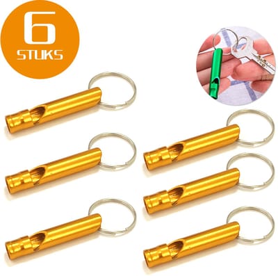 Colorful Sun® Metalen Noodfluit 6 Stuks – Alarmfluit 120 dB met Sleutelhanger – Reddingsfluit voor Outdoor, Wandelen, Camping, Survival & Sport – Hondenfluit – Sport- & Scheidsrechterfluit – Goud